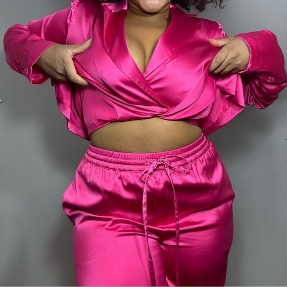Porsha Williams The Drop Hot Pink Satin two piece co ord set power pantsuit - Picture 7 of 16